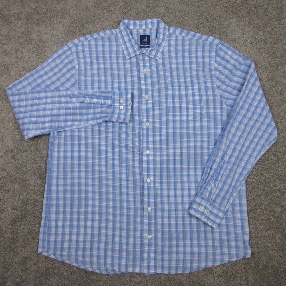 Johnnie-O Shirt Mens XL Blue Plaid Madras‎ Pocket Surfer Cotton Button Up EUC